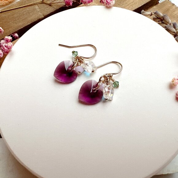 New Cute Amethyst Heart Crystal Cluster Earrings | Handmade in BC - Picture 3 of 4